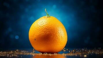 Photo of Mandarin orange fruit half against a colorful abstract background. Generative AI