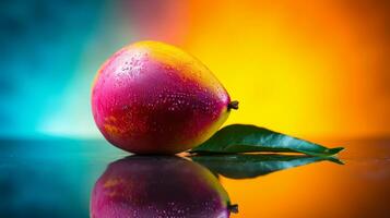 Photo of Mango fruit half against a colorful abstract background. Generative AI