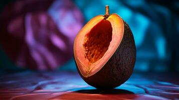 Photo of Mamey sapote fruit half against a colorful abstract background. Generative AI