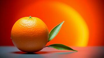 Photo of Mandarin orange fruit half against a colorful abstract background. Generative AI