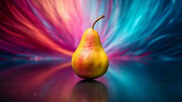 Photo of Pear fruit half against a colorful abstract background. Generative AI