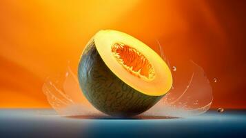 Photo of Melon fruit half against a colorful abstract background. Generative AI