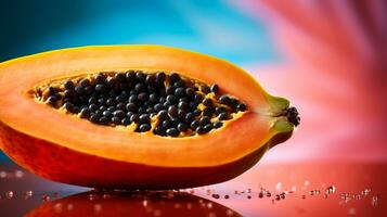 Photo of Papaya fruit half against a colorful abstract background. Generative AI