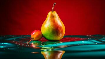 Photo of Pear fruit half against a colorful abstract background. Generative AI