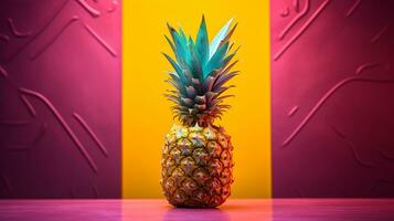 Photo of Pineapple fruit half against a colorful abstract background. Generative AI