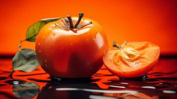 Photo of Persimmon fruit half against a colorful abstract background. Generative AI