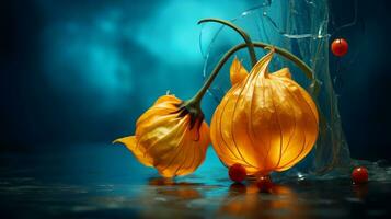 Photo of Physalis fruit half against a colorful abstract background. Generative AI