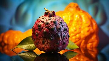 Photo of Noni fruit half against a colorful abstract background. Generative AI