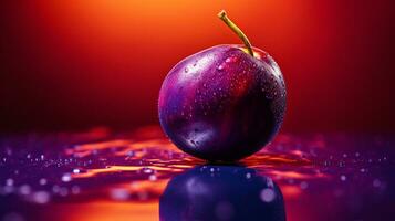 Photo of Plum fruit half against a colorful abstract background. Generative AI