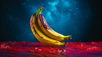 Photo of Plantain fruit half against a colorful abstract background. Generative AI