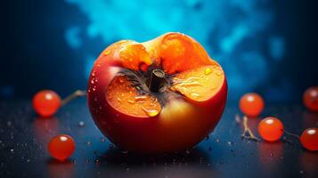 Photo of Persimmon fruit half against a colorful abstract background. Generative AI