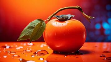 Photo of Persimmon fruit half against a colorful abstract background. Generative AI