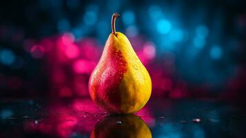 Photo of Pear fruit half against a colorful abstract background. Generative AI