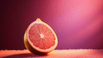 Photo of Pomelo fruit half against a colorful abstract background. Generative AI