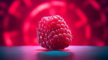 Photo of Raspberry fruit half against a colorful abstract background. Generative AI