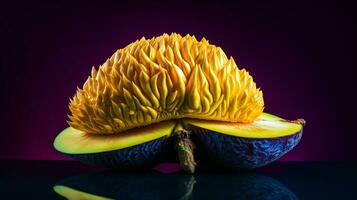 Photo of Jackfruit half against a colorful abstract background. Generative AI