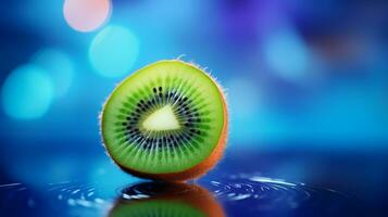 foto de kiwi Fruta medio en contra un vistoso resumen antecedentes. generativo ai