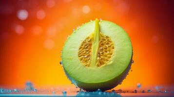 Photo of Honeydew fruit half against a colorful abstract background. Generative AI