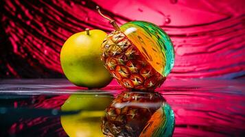 Photo of Kiwamo fruit half against a colorful abstract background. Generative AI