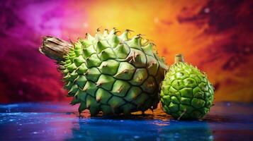 Photo of Guanabana fruit half against a colorful abstract background. Generative AI