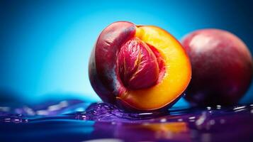 Photo of Marian plum fruit half against a colorful abstract background. Generative AI