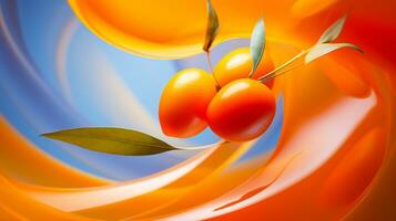 Photo of Kumquat fruit half against a colorful abstract background. Generative AI