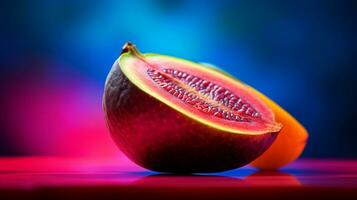 Photo of Mangaba fruit half against a colorful abstract background. Generative AI
