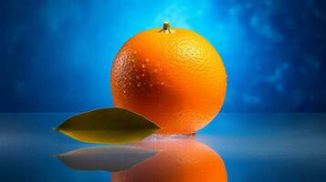 Photo of Mandarin orange fruit half against a colorful abstract background. Generative AI