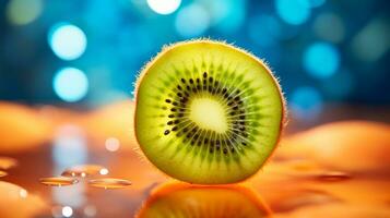 foto de kiwi Fruta medio en contra un vistoso resumen antecedentes. generativo ai