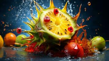 Photo of Kiwano fruit half against a colorful abstract background. Generative AI