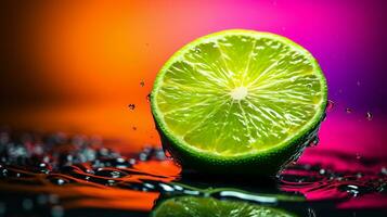 Photo of Lime fruit half against a colorful abstract background. Generative AI