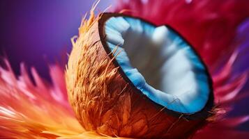 Photo of Coconut fruit half against a colorful abstract background. Generative AI