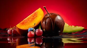 Photo of Chocolate fruit half against a colorful abstract background. Generative AI