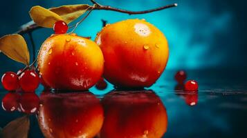 Photo of Crab apples fruit half against a colorful abstract background. Generative AI