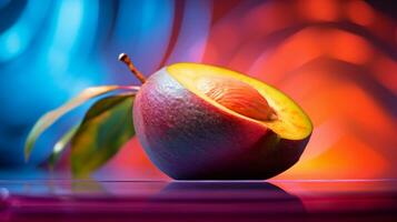 Photo of Cupuacu fruit half against a colorful abstract background. Generative AI