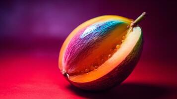 Photo of Cupuacu fruit half against a colorful abstract background. Generative AI