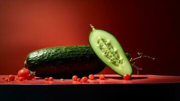 foto de Pepino Fruta medio en contra un vistoso resumen antecedentes. generativo ai