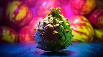 Photo of Cherimoya fruit half against a colorful abstract background. Generative AI