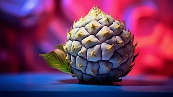 Photo of Custard apple fruit half against a colorful abstract background. Generative AI