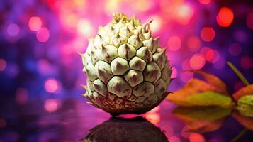 Photo of Custard apple fruit half against a colorful abstract background. Generative AI