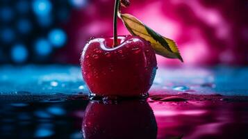 Photo of Cherry fruit half against a colorful abstract background. Generative AI