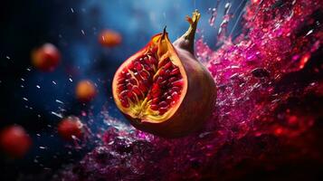 Photo of Flamboyant fruit half against a colorful abstract background. Generative AI