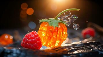 Photo of Cloudberry fruit half against a colorful abstract background. Generative AI