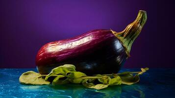 Photo of Eggplant fruit half against a colorful abstract background. Generative AI