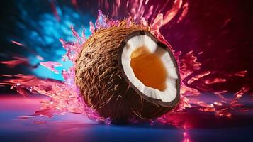 Photo of Coconut fruit half against a colorful abstract background. Generative AI