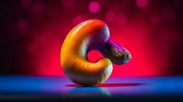 Photo of Cashew fruit half against a colorful abstract background. Generative AI