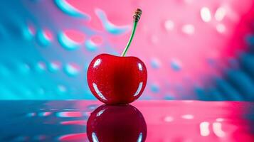 Photo of Cherry fruit half against a colorful abstract background. Generative AI