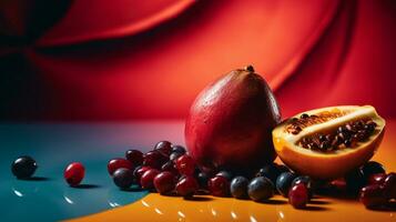 Photo of Coffee fruit half against a colorful abstract background. Generative AI