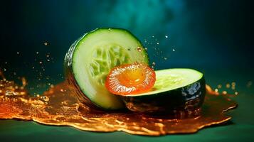 Photo of Cucumber fruit half against a colorful abstract background. Generative AI