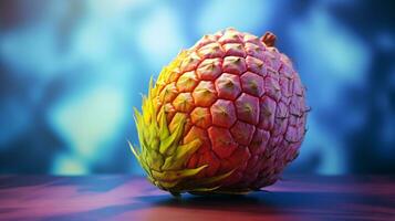 Photo of Custard apple fruit half against a colorful abstract background. Generative AI